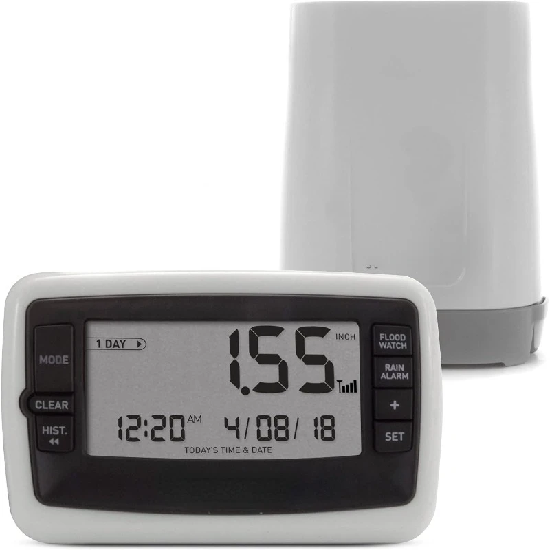 Wireless Digital Rain Gauge with Self-Emptying Collector with Rainfall History, Alerts, and Current Date and Time