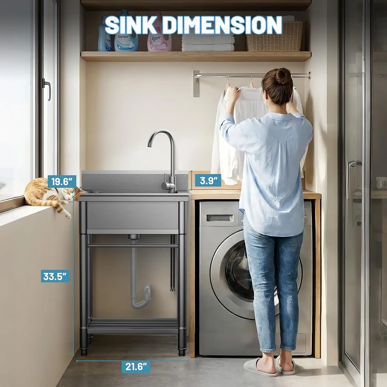 Stainless Steel Utility Sink, Freestanding Single Bowl Garage Sink 22 Inch