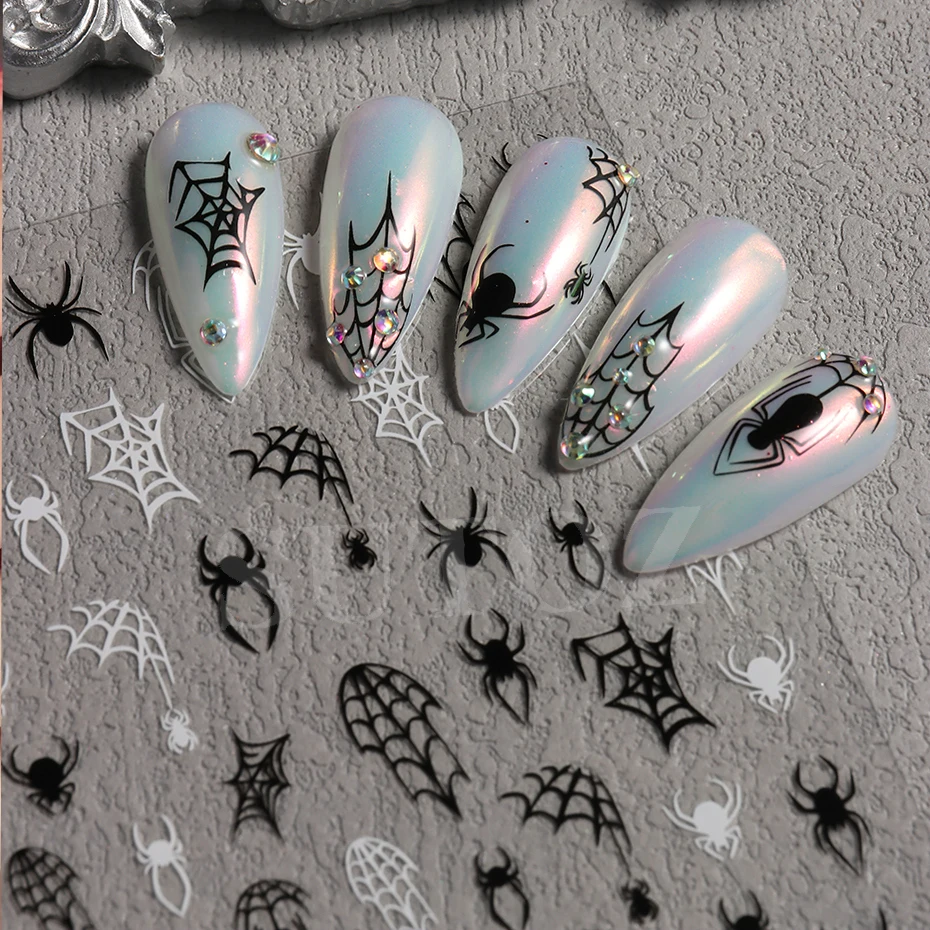 Red Spiders Halloween Nail Stickers, DIY Nails Charms Decor, Y2K Laser, Aranha e Cobweb, Preto e branco, Night Party, LESU-37