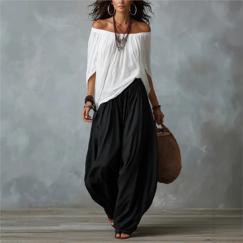 Women's Vacation Boho Off Shoulder Loose Blouse Harem Wide Leg Pants Two Piece Set Women Vintage Casual Holiday Fashion Outfit