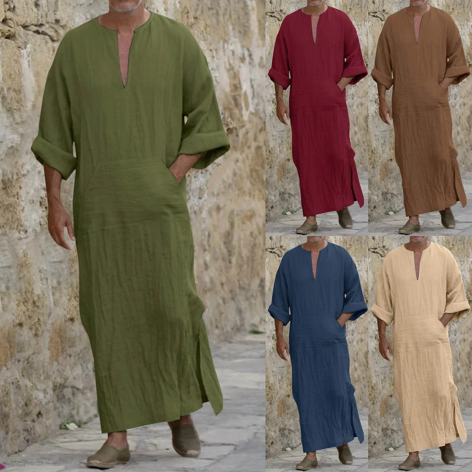 Men's Muslim Jubba Thobe Ramadan Long Robe Kaftan Dubai Abaya Eid Ramadan Robes Moroccan Arabic Outfits Male Prayer Clothes