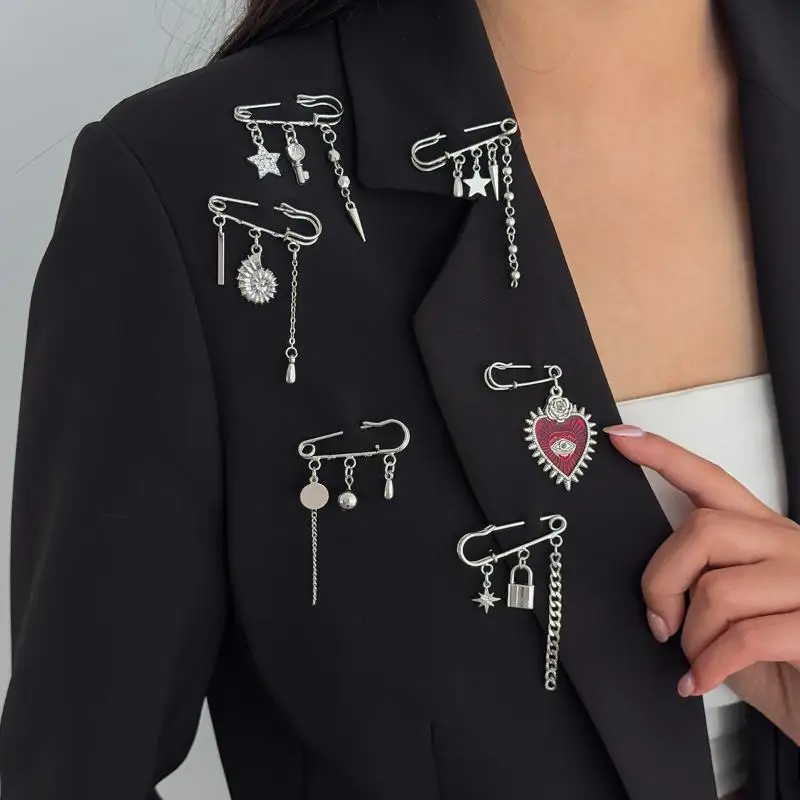 Vintage Rose Eye Alloy Brooch Set 6Pcs Love Lapel Pins Punk Style Long Tassel Pin for Suit Dress Scarf Gift Accessories
