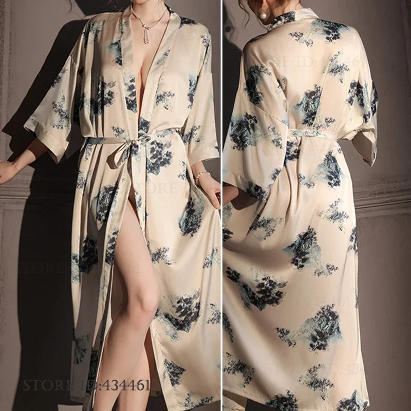 

Lady Long Robe Negligee Print Flower Kimono Bathrobe Gown Chinese Style Satin Sleepwear Home Dress Loose Nightgown Loungewear