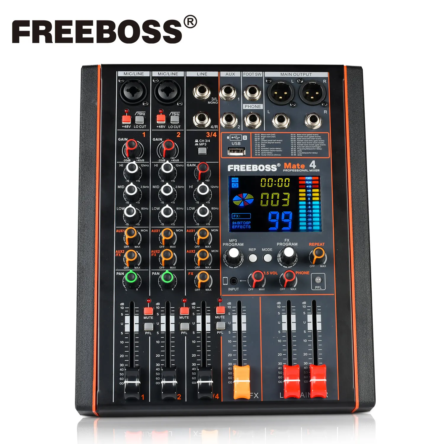 FREEBOSS 4 Channels 2 Mono 1 Stereo Audio Mixer 99DSP Effect Bluetooth USB PC Recording Stage Sound Mixing Console 48V KTV Mate4