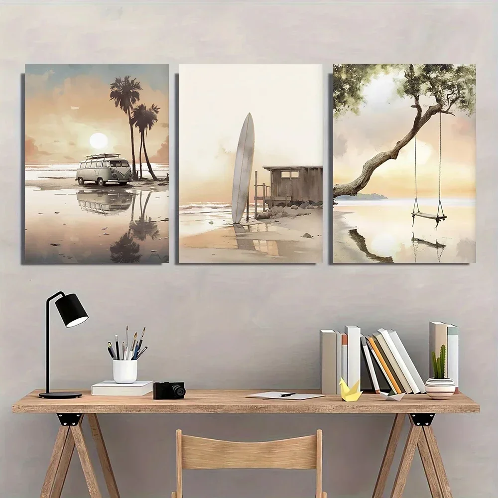 3pcs Boho Sun Lounger Abstract Beach Landscape Sea Sunset Paddle Board Canvas Painting Poster Print Home Room Wall Art
