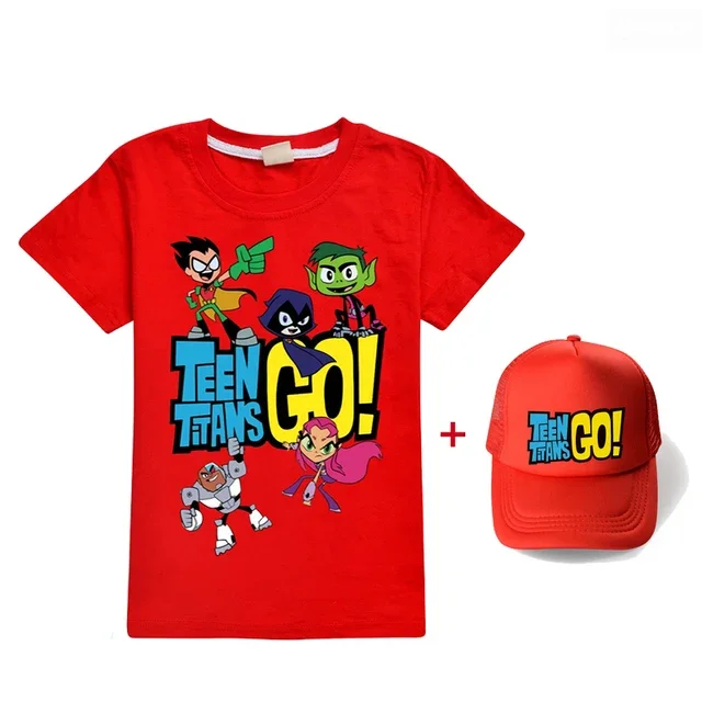 Summer Unisex 13 colour Teen Titans Go Short Sleeve Printing 100% cotton T-shirt+sunhat Boys Girls Clothes kids tee top Clothes