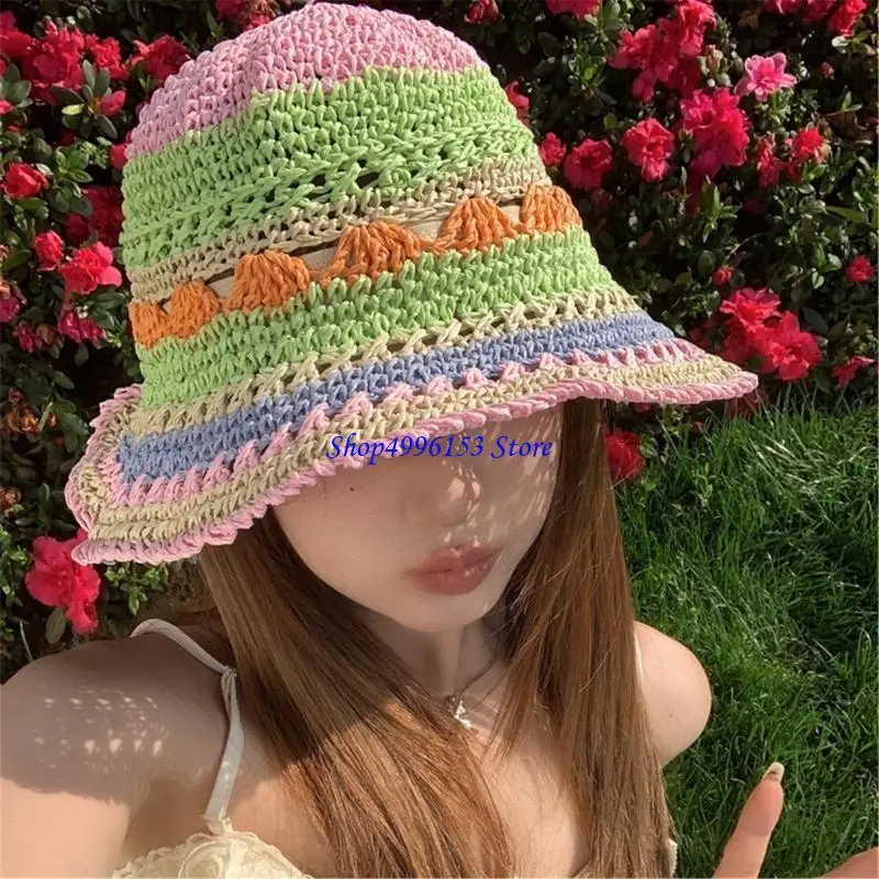 قبعة Q0KE منسوجة من القش للفتيات المراهقات قابلة للتنفس في الربيع والتخييم قبعة الشاطئ #4