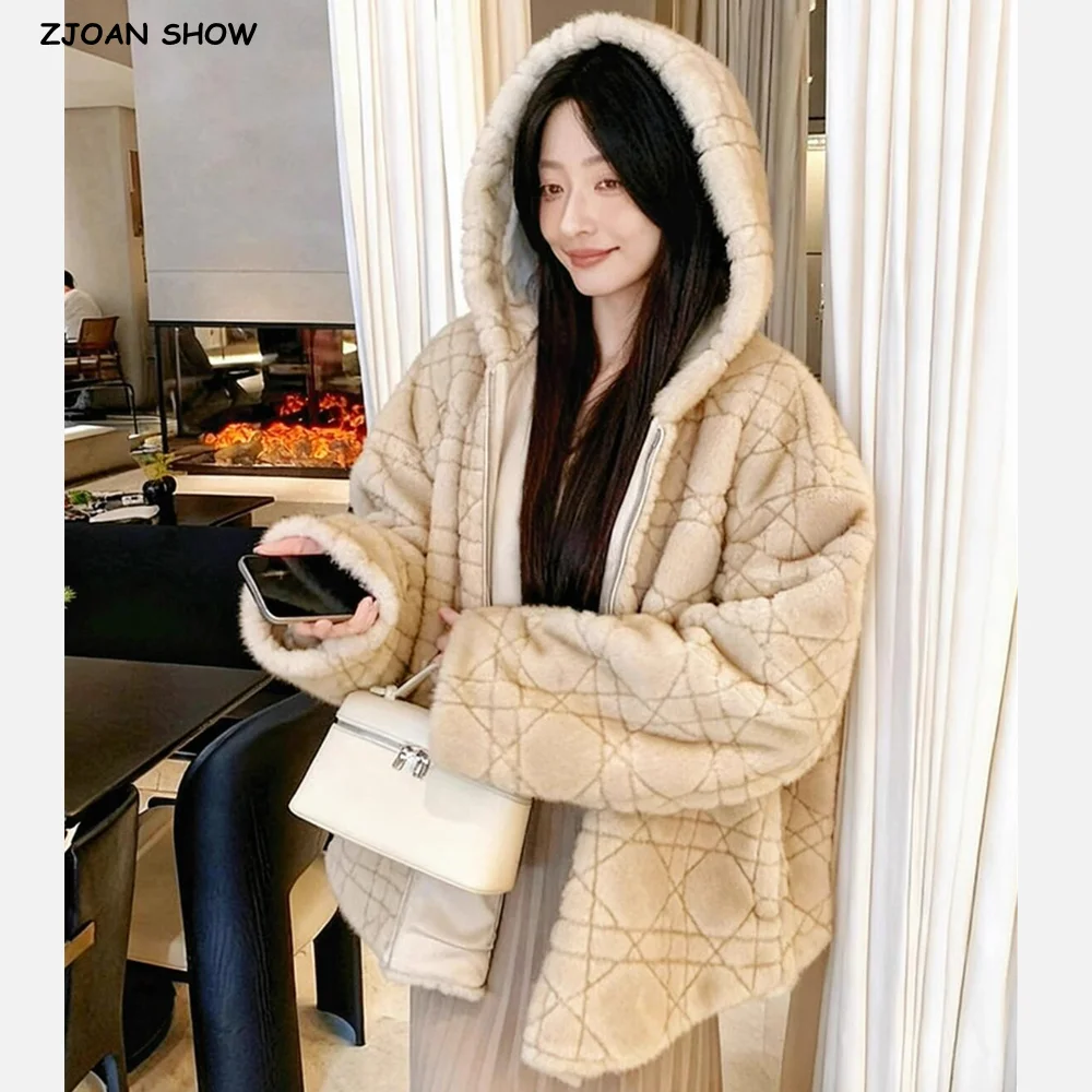 

Зимнее абрикосовое тиснение в клетку с капюшоном из искусственного норкового меха CHILL, молния спереди, длинный рукав, лохматый верхняя одежда оверсайз с длинными рукавами