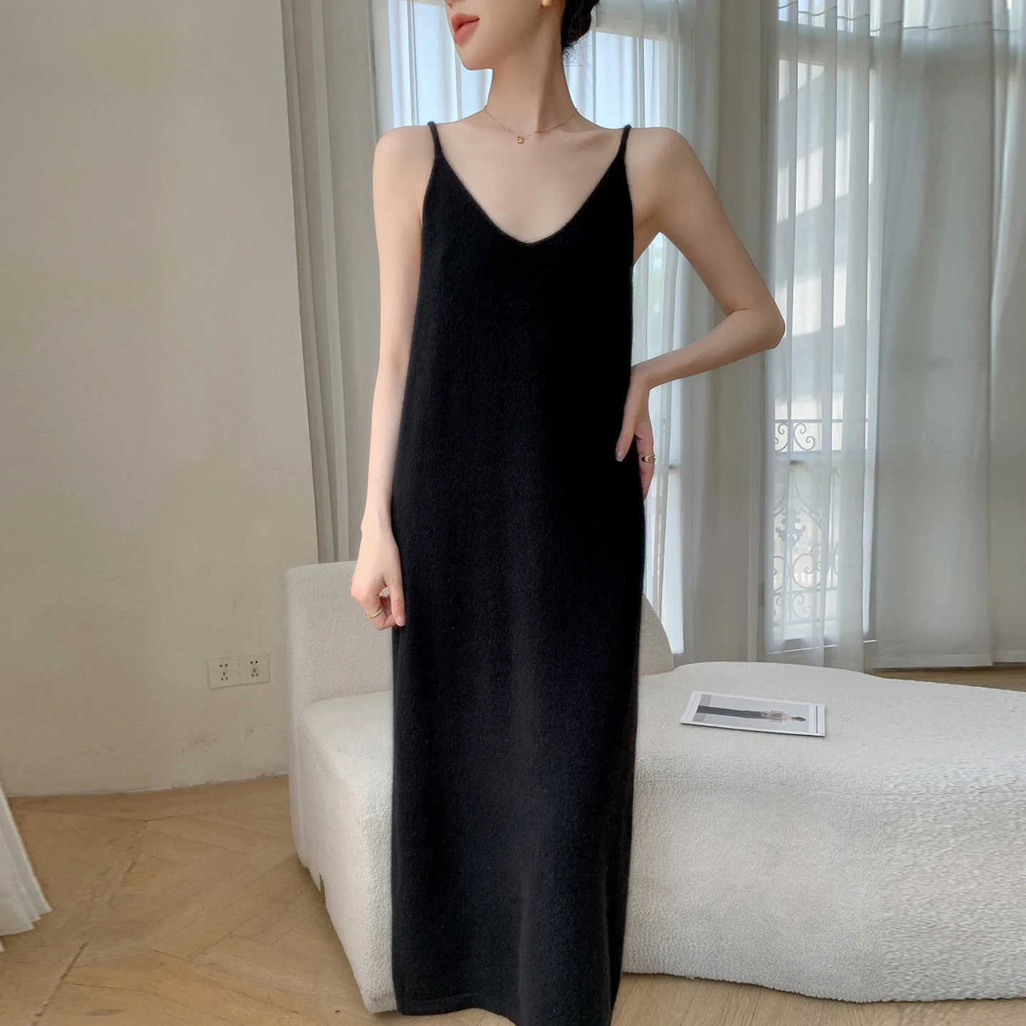 Women's 100% Pure Cashmere Long Strap Skirt Casual Solid Color Knitted Sweater Loose V-neck Pullover Top