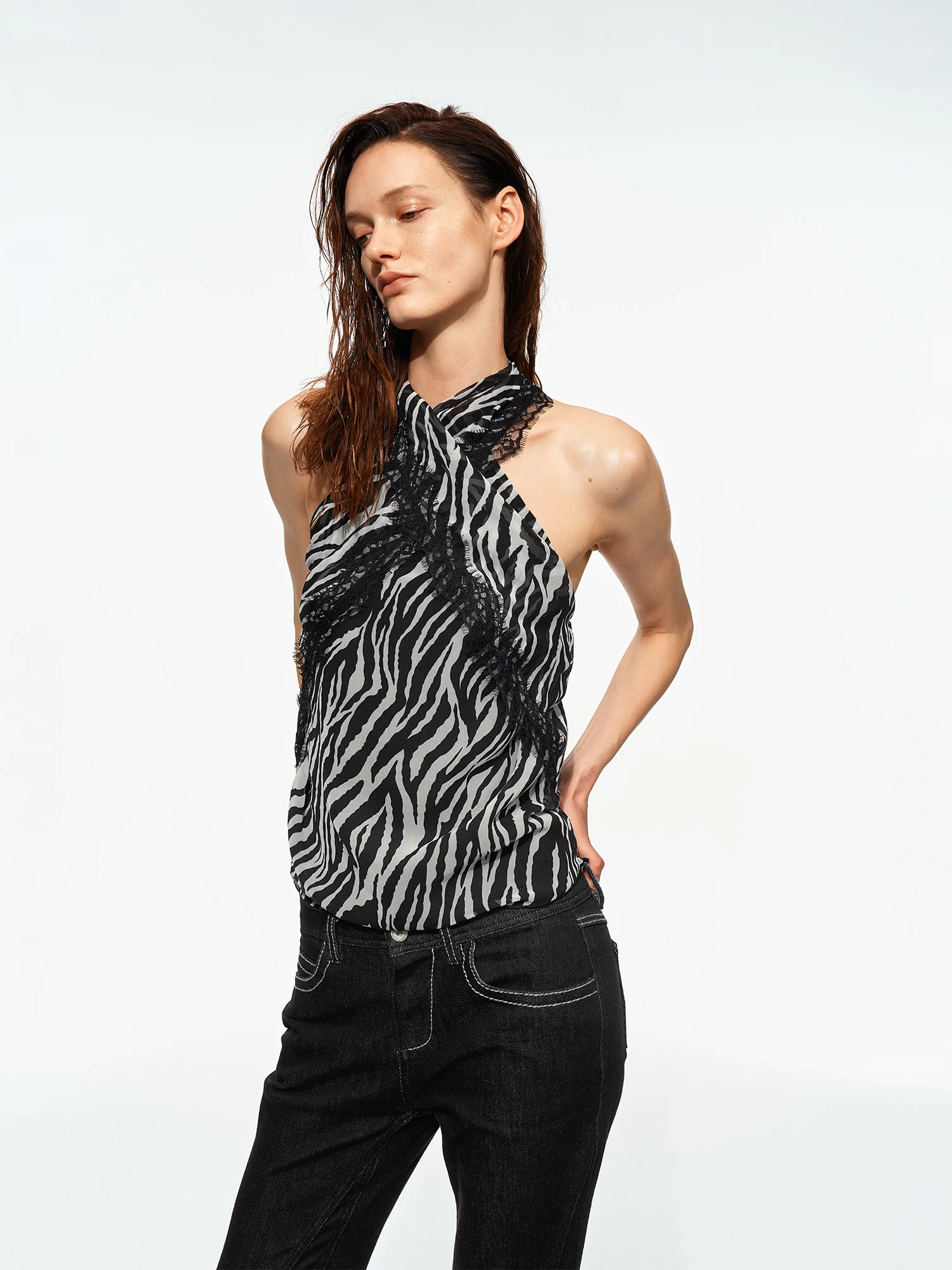 PRRP Light Transparent Cool Sensation Shiny Thread Chiffon Sleeveless Vest Printed Cross Neck Strap Versatile Top Women's Fas...