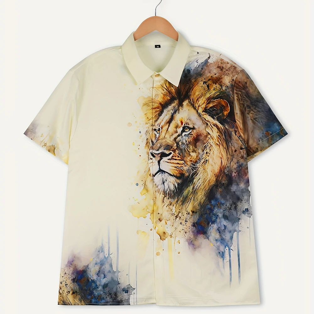 Fashionable Men\'s 3D Print Animal Lion Pattern Men\'s Short Sleeve Shirt Street Trend Wear Men\'s Shirt Oversized Top