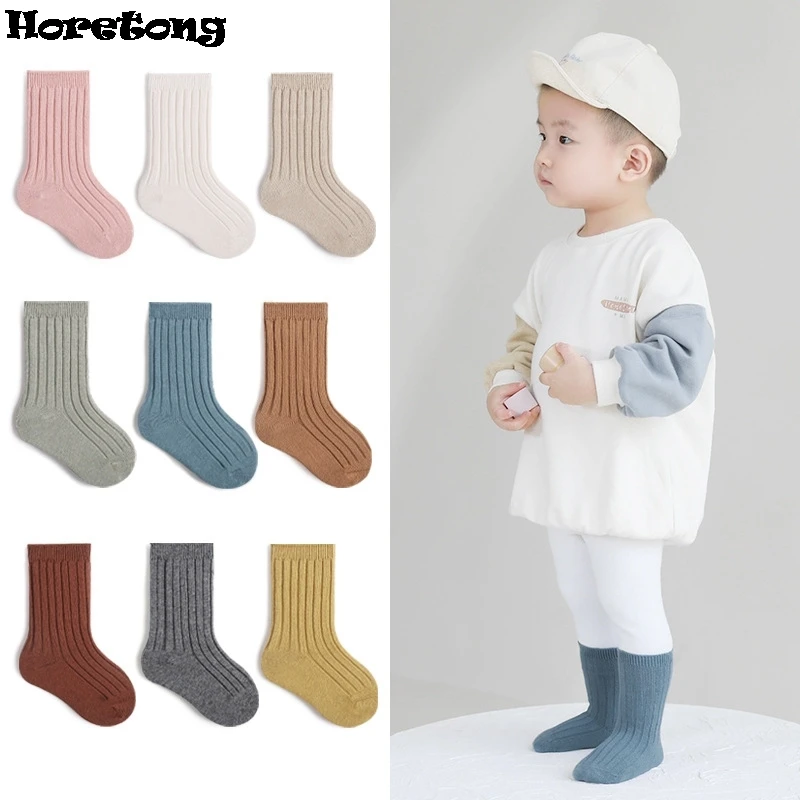 

5 Pairs/Lot Spring Autumn Sock Baby Boys Girls Soft Breathable Cotton Socks Solid Colour Pit Striped Knitted Middle Tube Socks