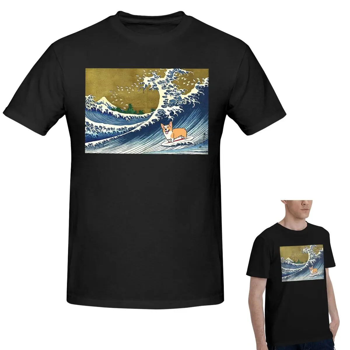 

100% Cotton Corgi Dog Surfing The Great Wave T-Shirt Men's Funny Oversized T Shirt Men Crew Neck Summer Shirts Tops S-6XL