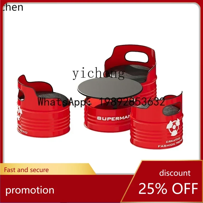 

YFY Iron Art Table and Chair Set for Coffee Shop Reception Area, Industrial Style Oil Drum Table and Chair Combination