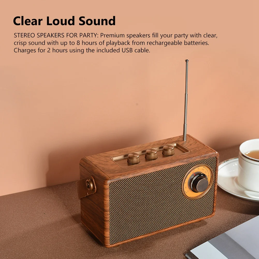 Radio FM Retro portátil de madera con Bluetooth, altavoz de graves, reproductor MP3 con manos libres, compatible con USB/tarjeta TF/AUX Play