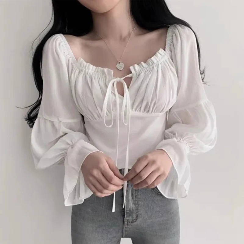 KUSAHIKI Korean Chic Spring Fashion Lace Up Off Shoulder Shirt Women\'s Slim Fit Flare Sleeve Short Top 2024 New Blusas De Mujer