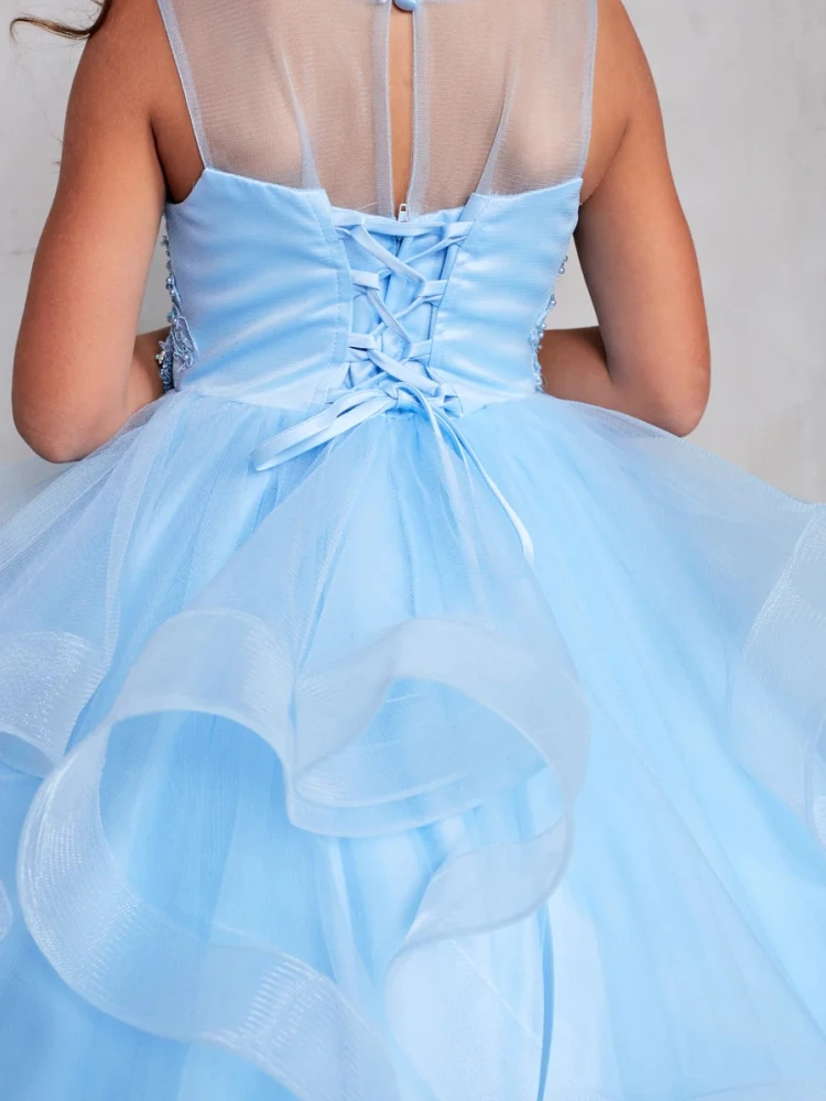 Vestidos de niña de flores azul cielo personalizados, apliques de floria escalonados sin mangas para boda, graduación, fiesta de cumpleaños, banquete, vestidos de princesa