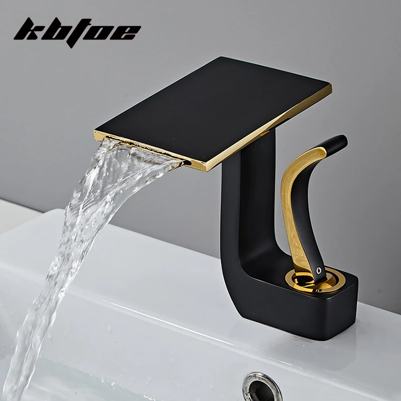 Black Modern Basin Sink Faucet Bathroom Deck Mounted Hot Cold Water Mixer Tap Brass Single Hole Crane Basin Tap Square Waterfall