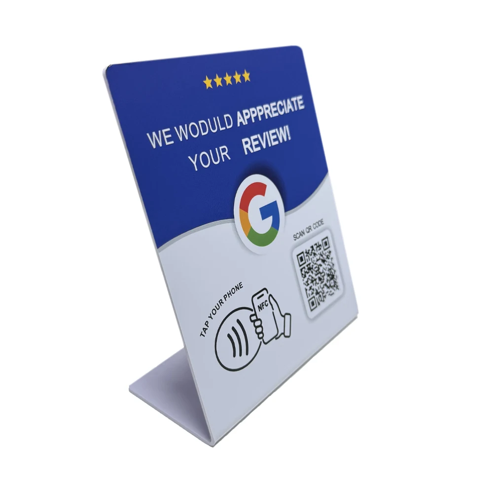 N-Tag Crad für Google Review NFC-Stationstisch NFC 13,56 MHz programmierbare Bewertungen Display Biegekarte stehende Markenhalterung