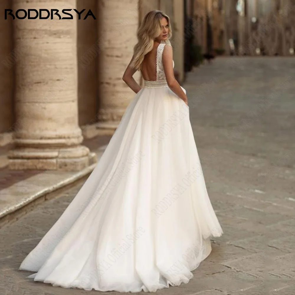 RODRSYA Boho Abito da sposa per le donne 2023 Sposa senza maniche a V-Neck TRODDRSYA Boho abito da sposa per donna 2023 sposa senza maniche con scollo a v Tulle abiti da sposa Applique in pizzo a-line Vestidos De Novia