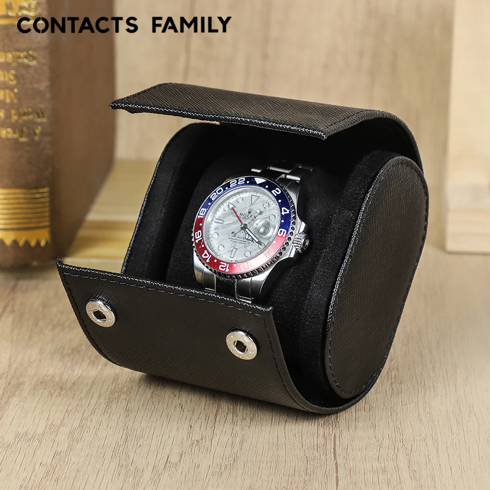CONTACTS FAMILY Genuine Leather Single Watch Roll Travel Case Portable Watch Storage Organizer Wristwatches Organizer Box