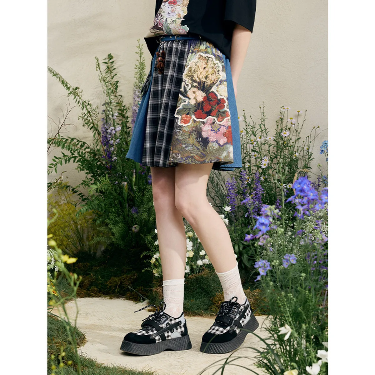 

Summer Chic Van Gogh-Inspired Artistic Grid Print Patchwork Denim Midi Skirt
