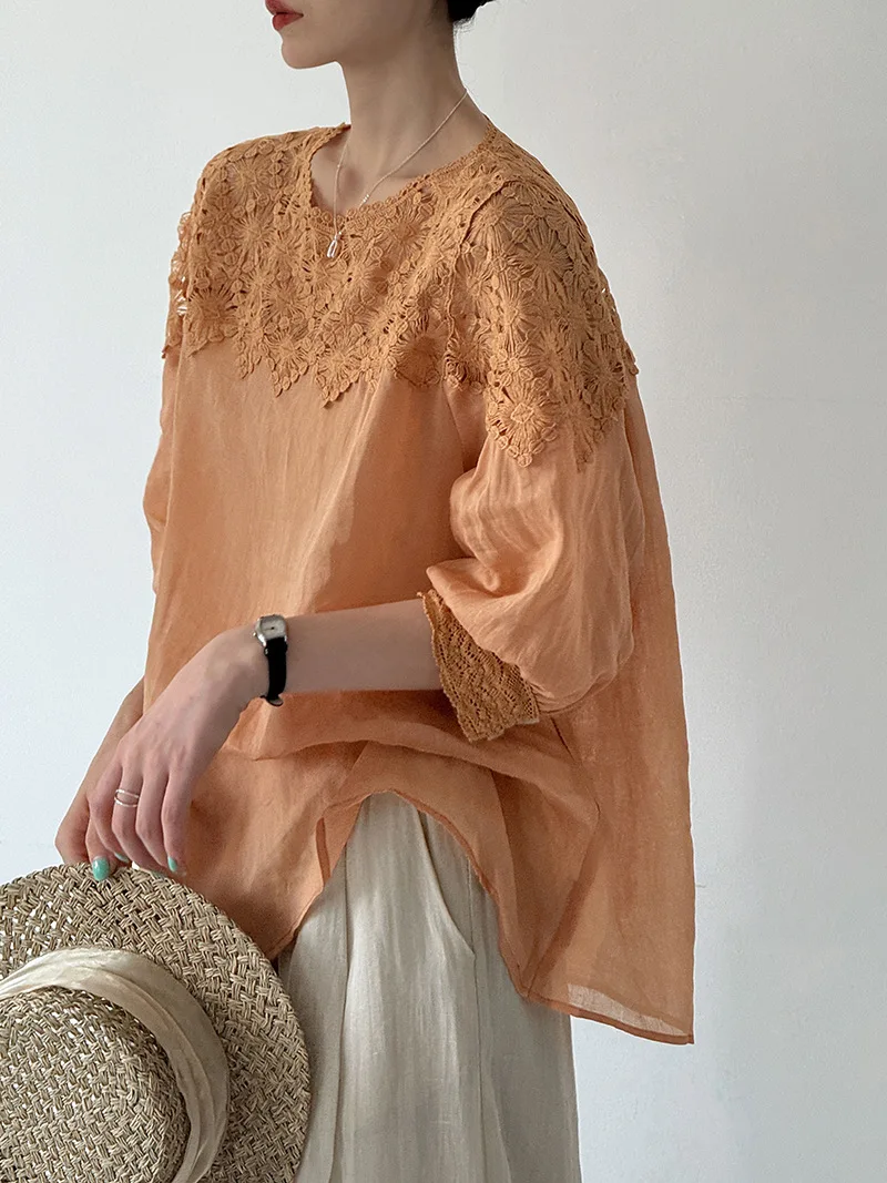 2026 Women Summer 100% Linen Blouses Half Sleeve Thin Fashion Womens Tops And Blouses Fashion Shirts Blusas Roupa Feminina view 2