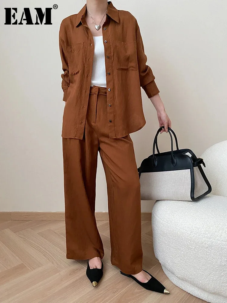 [EAM] Big Size Beige Elegant Shirt Wide Leg Pants Two Piece Suit New Lapel Long Sleeve Women Fashion Tide Spring Autumn 2024 00