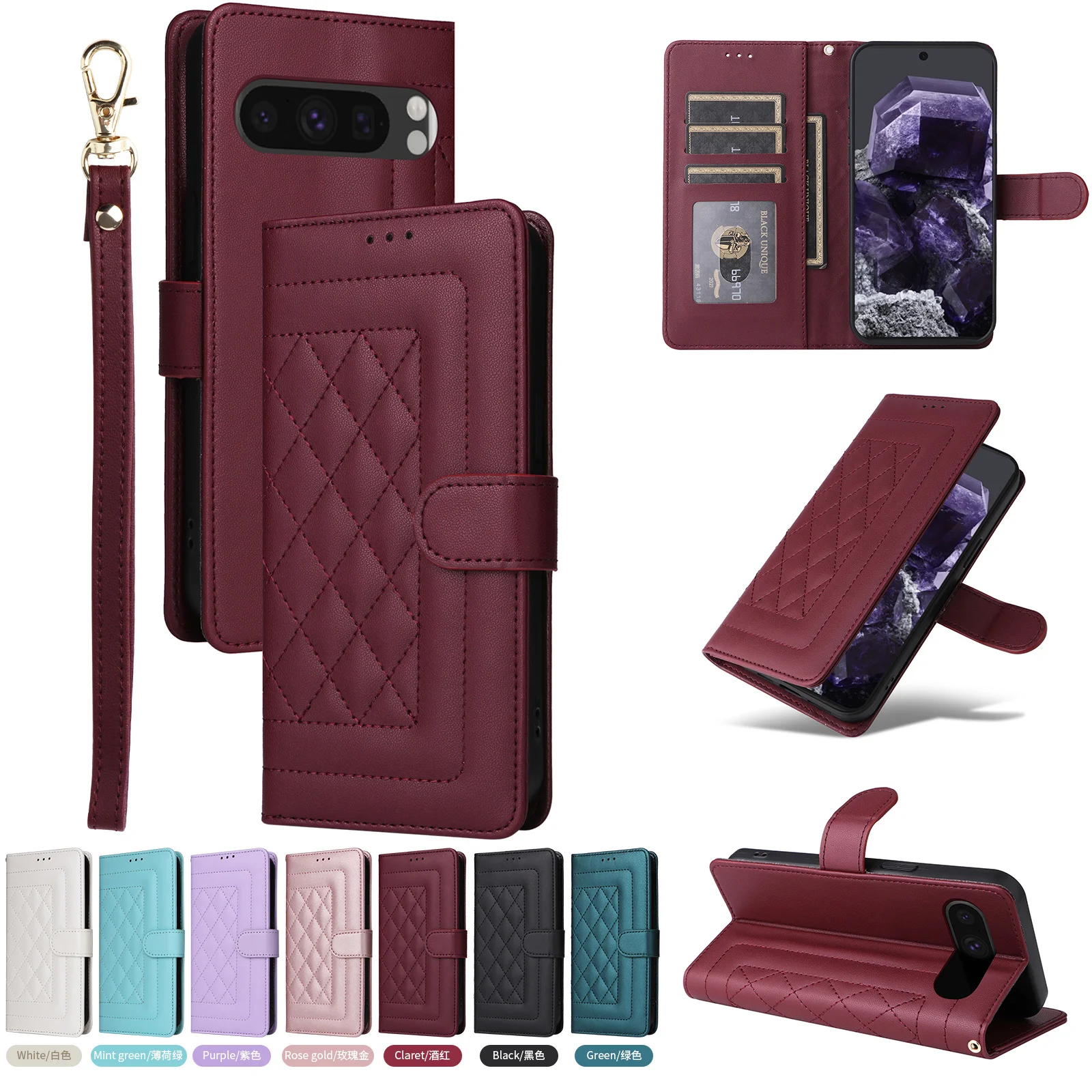 Checkered Leather Flip Case For Google Pixel 9 8 7 Pro XL 8A 7A 6 Card Slot Wallet Phone Bag Cover With Lanyard Coque Funda Capa