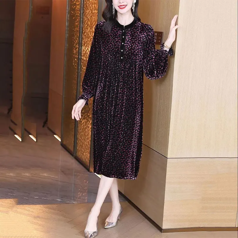 Stylish Vintage Broken Flowers Velvet Midi Dress Autumn Winter Long Sleeve Shirring Women\'s Clothing O-Neck Button Waist Dresses