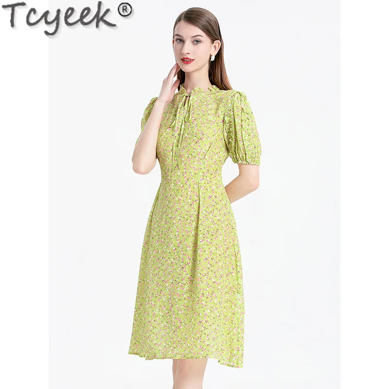 

Tcyeek 100% Real Mulberry Silk Women's Dress Floral Elegant Dresses for Women Summer Clothes Lace-up Midi Dresses 2024 High-end