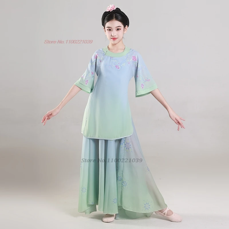 2024 traditional chinese children dance costume gradient color hanfu tops+pants set fairy stage performance ancient folk dress