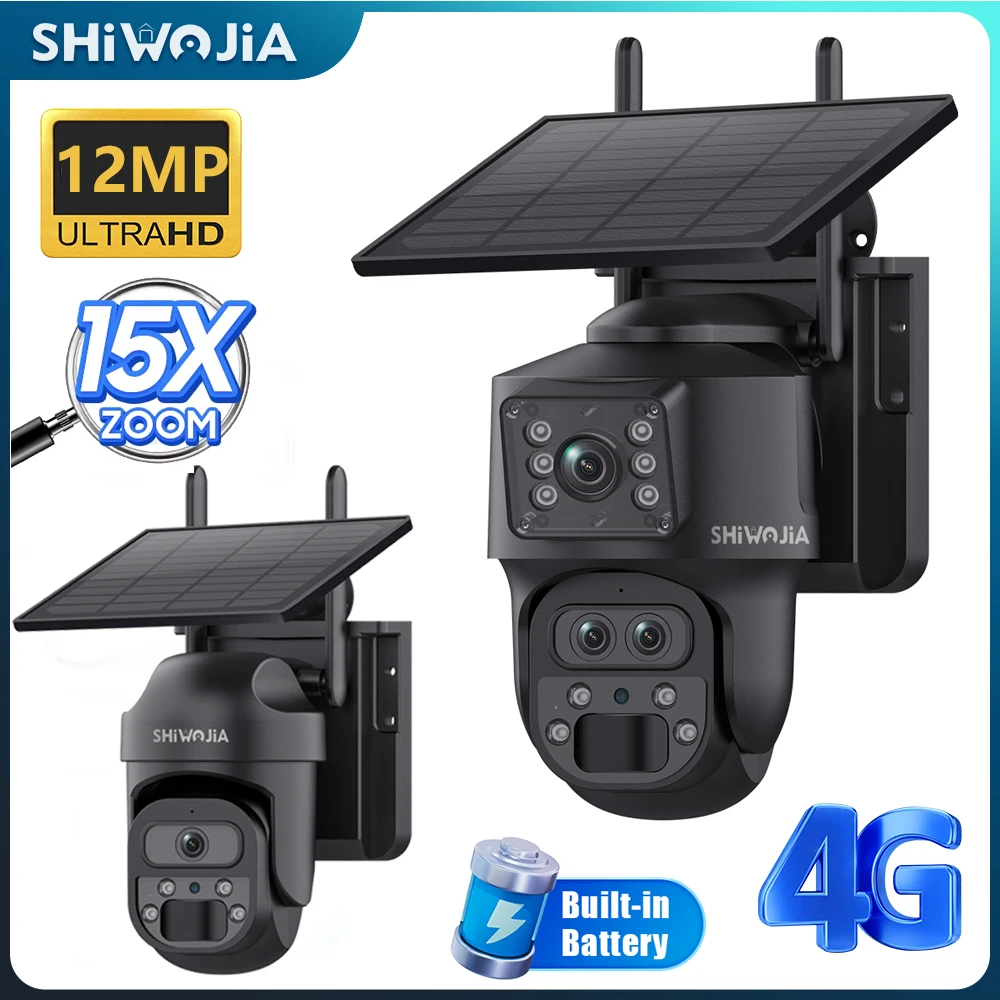 SHIWOJIA 15X ZOOM Solar Camera 4G 12MP Three Lens 360° View 5W Solar Panel Security Outdoor PTZ IP Camera 7800mAh Battery UBOX