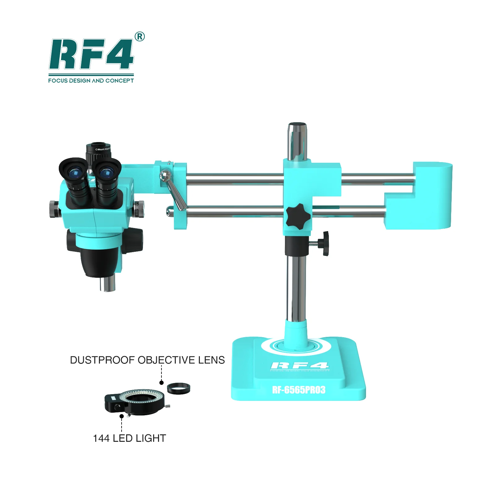 RF4 synchroniczne powiększenie widz 360 ° podwójny wspornik wspornikowy 6.5-65X dwuokularowy stereoskopowy mikroskop trójokularowy RF6565PRO3