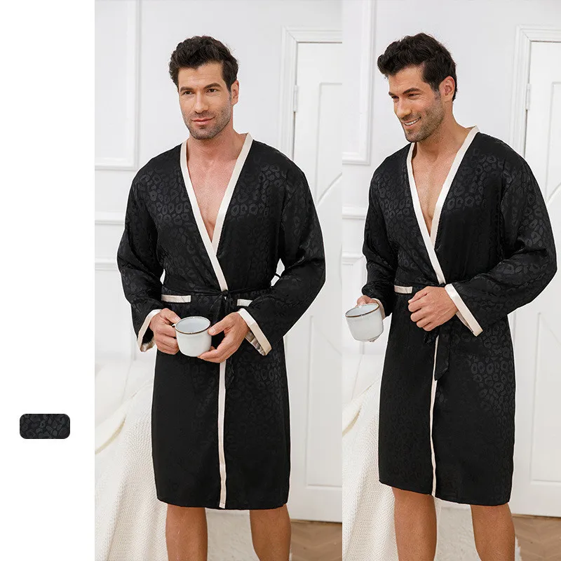 

Black V-Neck Leopard Jacquard Satin Men Robe Wedding Bridegroom Groomsmen Kimono Bathrobe Gown Vintage Sleepwear Nightgown