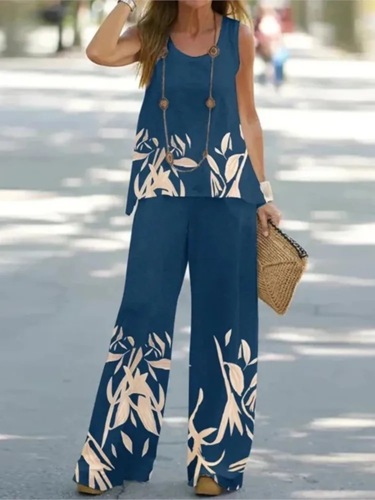 

2025 Summer Women Print Pullover Sleeveless O-Neck Loose Wide Legs Trousers Set Two Piece Set New Loose Casual Women's Clothing