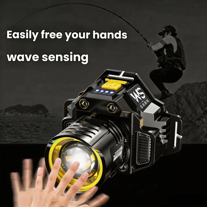 LED Rechargeable Headlamp Telescopic And Zoomable Lamp Equipped With Motion Sensor Waterproof Outdoor Camping Flashlight