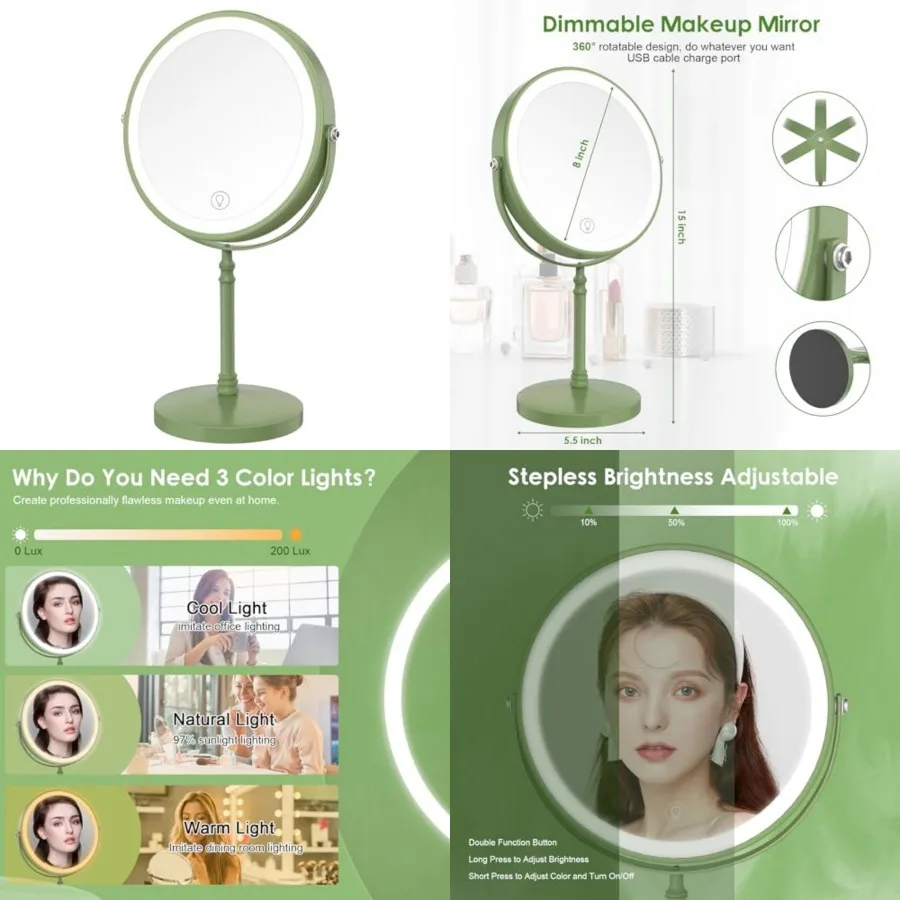 

Makeup Mirror, 3000mAh Rechargeable Double-Sided Magnifying Vanity Mirror with 3 Colors, 1X/10X, Adjustable Brightness, Gifts f