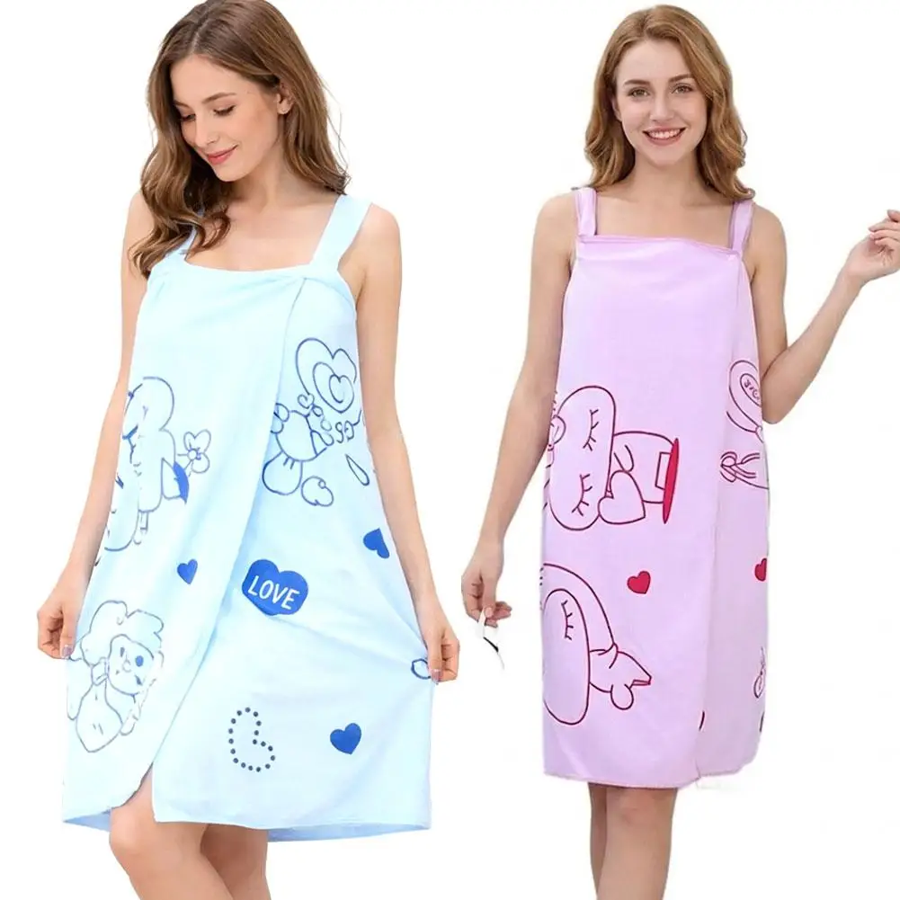 Wearable Bath Towel for Women Soft Absorbent Bathrobe Wrap with Straps Cartoon Print Quick Dry Bathing Skirt for Home Spa