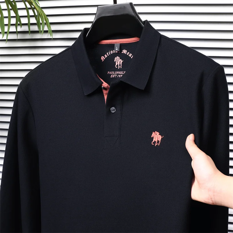 

100% Silk Cotton Polo Shirt Men's Long Sleeves Spring Autumn Luxury Brand Fashion Ponies Embroidery Paul Shirt Lapel Men T-shirt