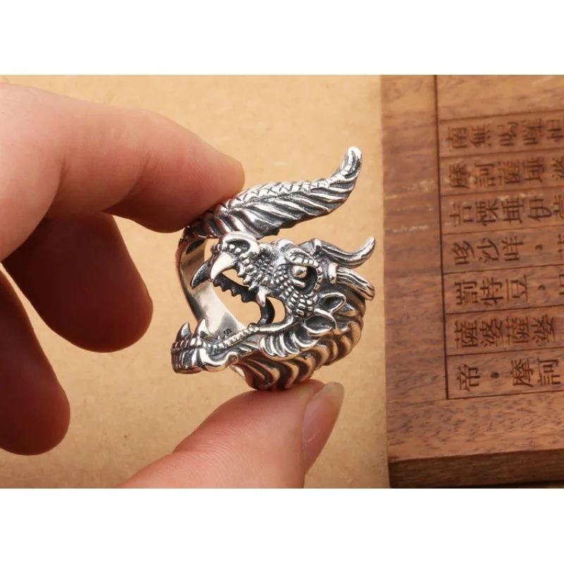 Manufacturer wholesale S925 pure silver jewelry personalized men's retro Thai silver ring magic dragon open index finger ring