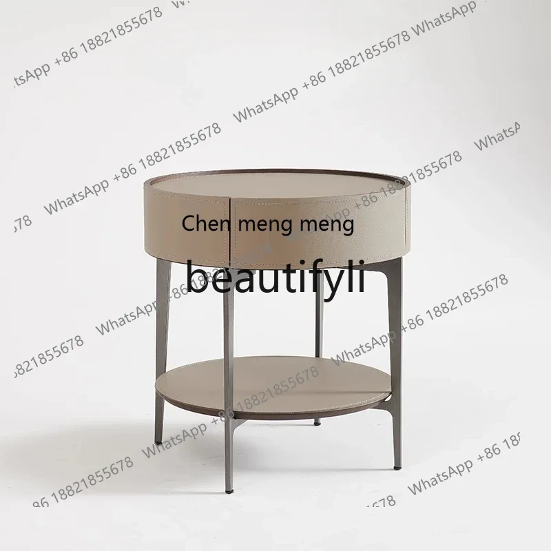 

N178 G Bedside Table Desiner Round Saddle Leather Liht Luxury Desiner Storae Bedside Cabinet