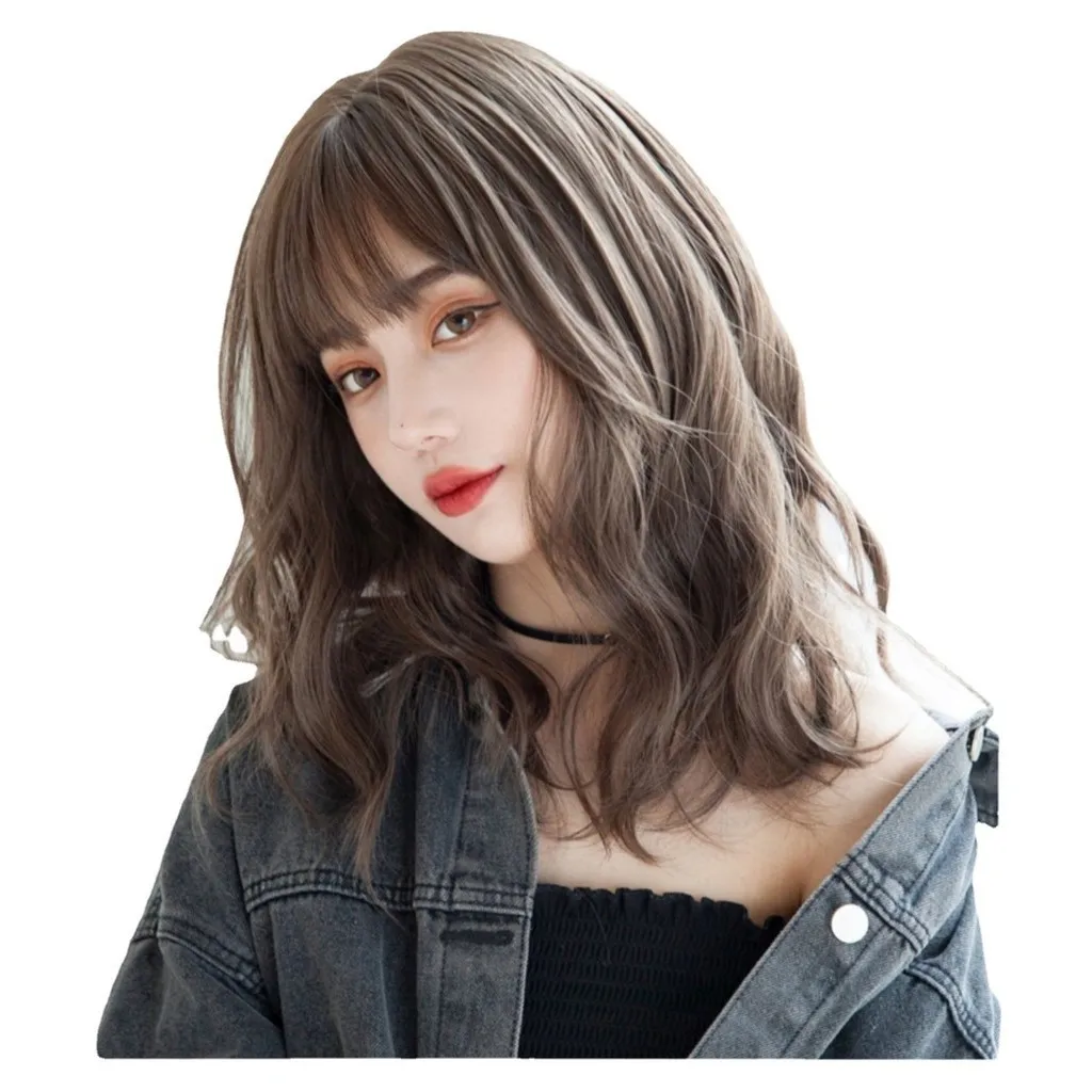 Korean Curly Wigs for Women Female Medium Long Hair with Air Bangs Full Headgear Natural Fluffy Wig 45cm