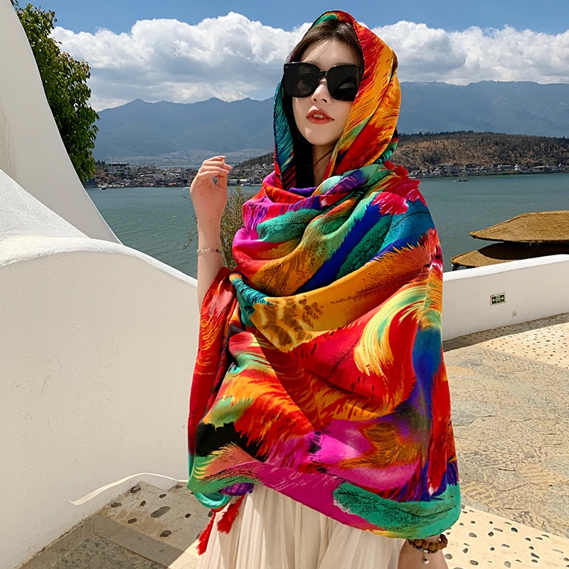 Fashion Women Beach Scarf Bohemia Flower Summer Hijab Shawls and Wraps Female Foulard Echarpe Designer Pashmina Bandana 2023