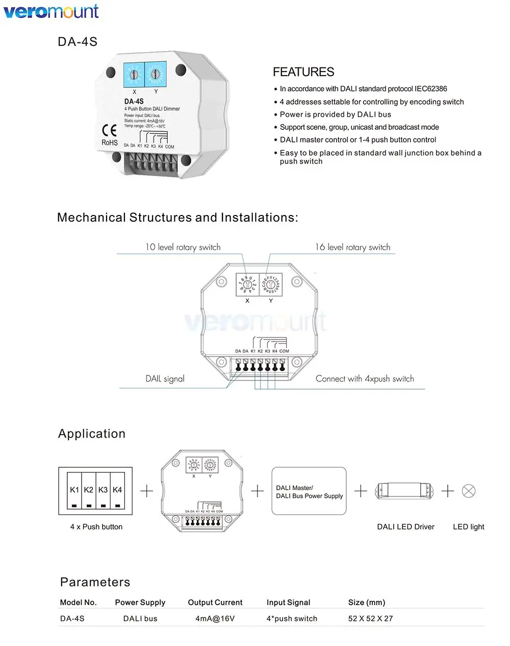 Skydance DA-4S Switch Signal 4 Push Button Dimmer Work with DALI Master Bus Power Supply Encoding Select Addresses For LED Light