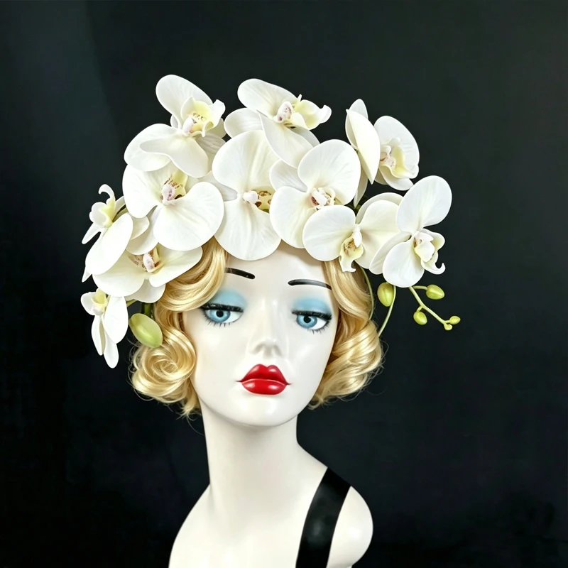 Tropical Orchid Floral Crown Headband Simulation Phalaenopsis Flower Headpiece for Wedding Photoshoot Party Costume Accessory