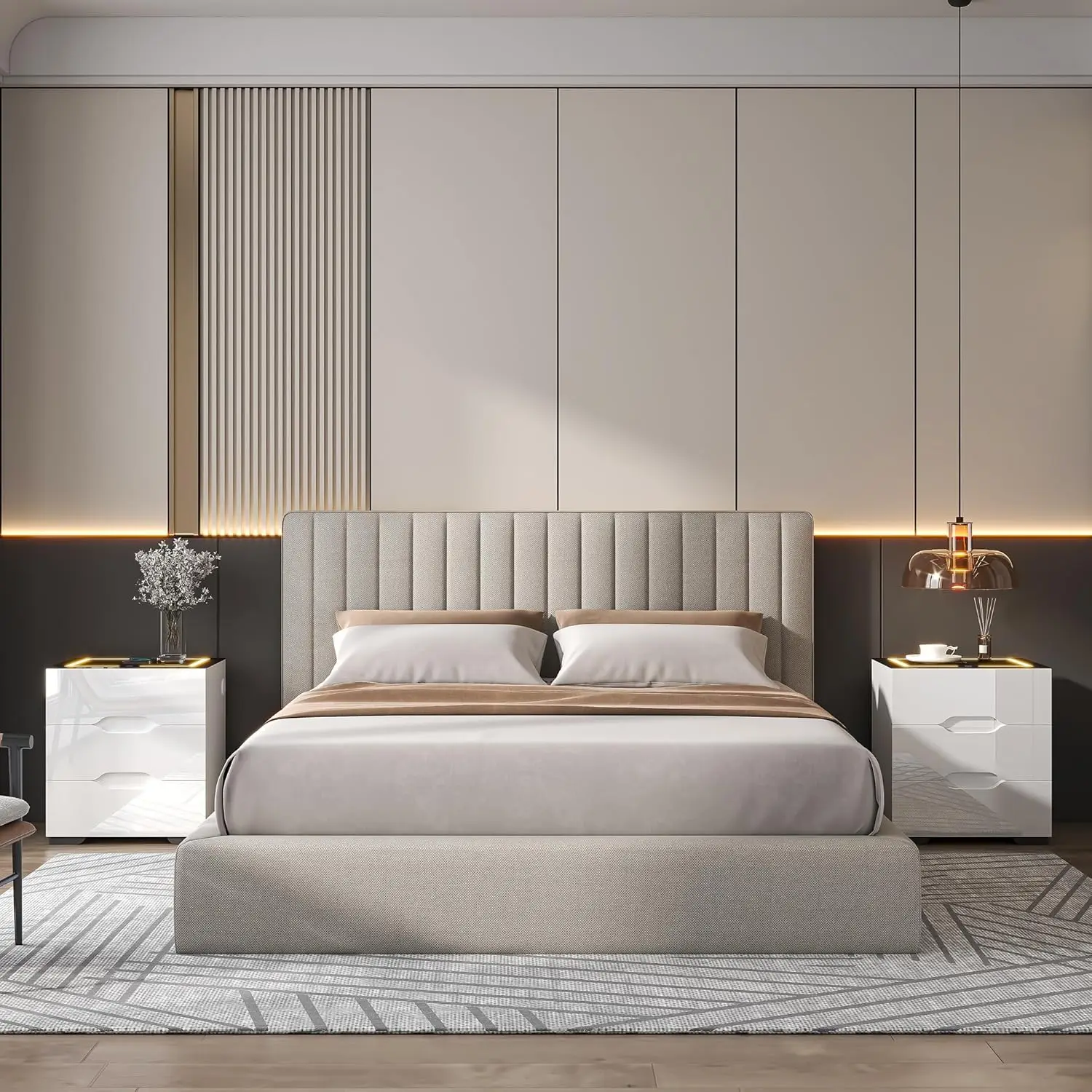 منضدة ذكية بيضاء مع قاعدة شحن لاسلكية وأضواء LED قابلة للتعديل، وطاولة نهاية عالية اللمعان مع 3 أدراج وشحن USB #4