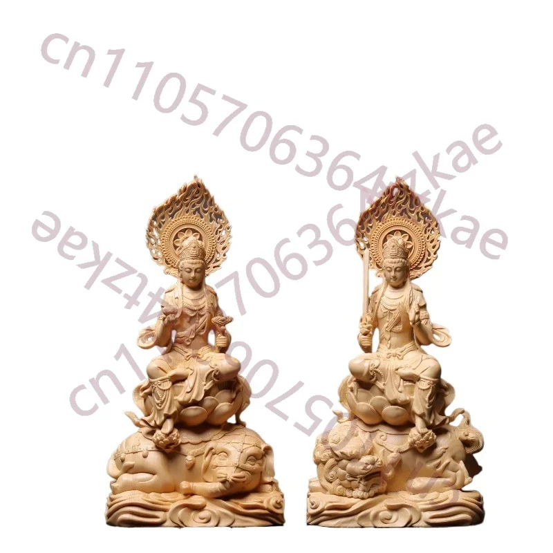 Hand-Carved Hinoki Manjushri & Samantabhadra Bodhisattva Statue - 10.2