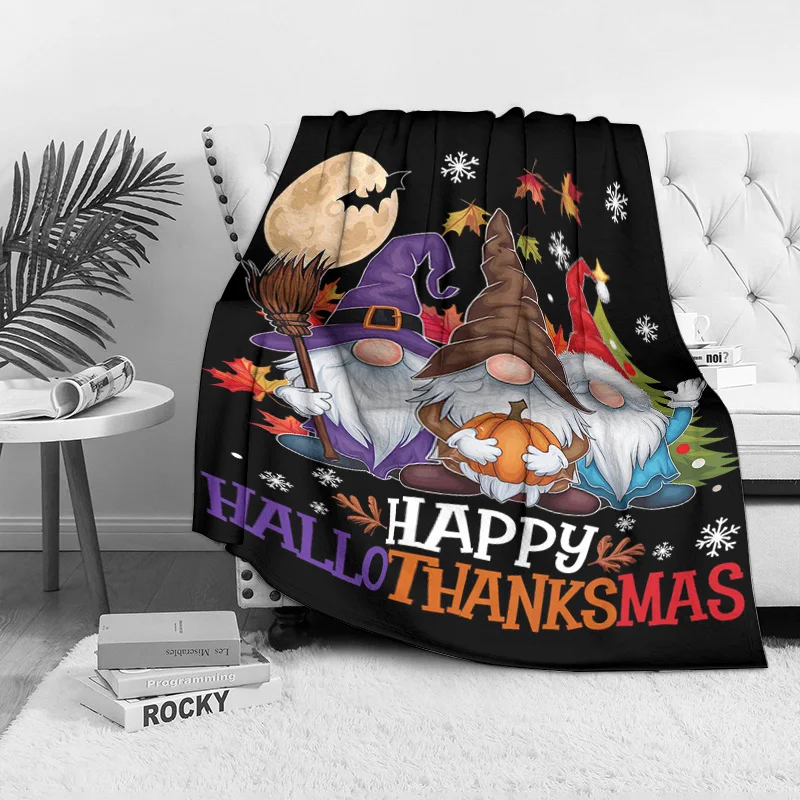 Hallo Thanksmas Fleece Blanket, 3-in-1 Holiday Design with Gnome Character, Halloween Thanksgiving Christmas Fusion Decor
