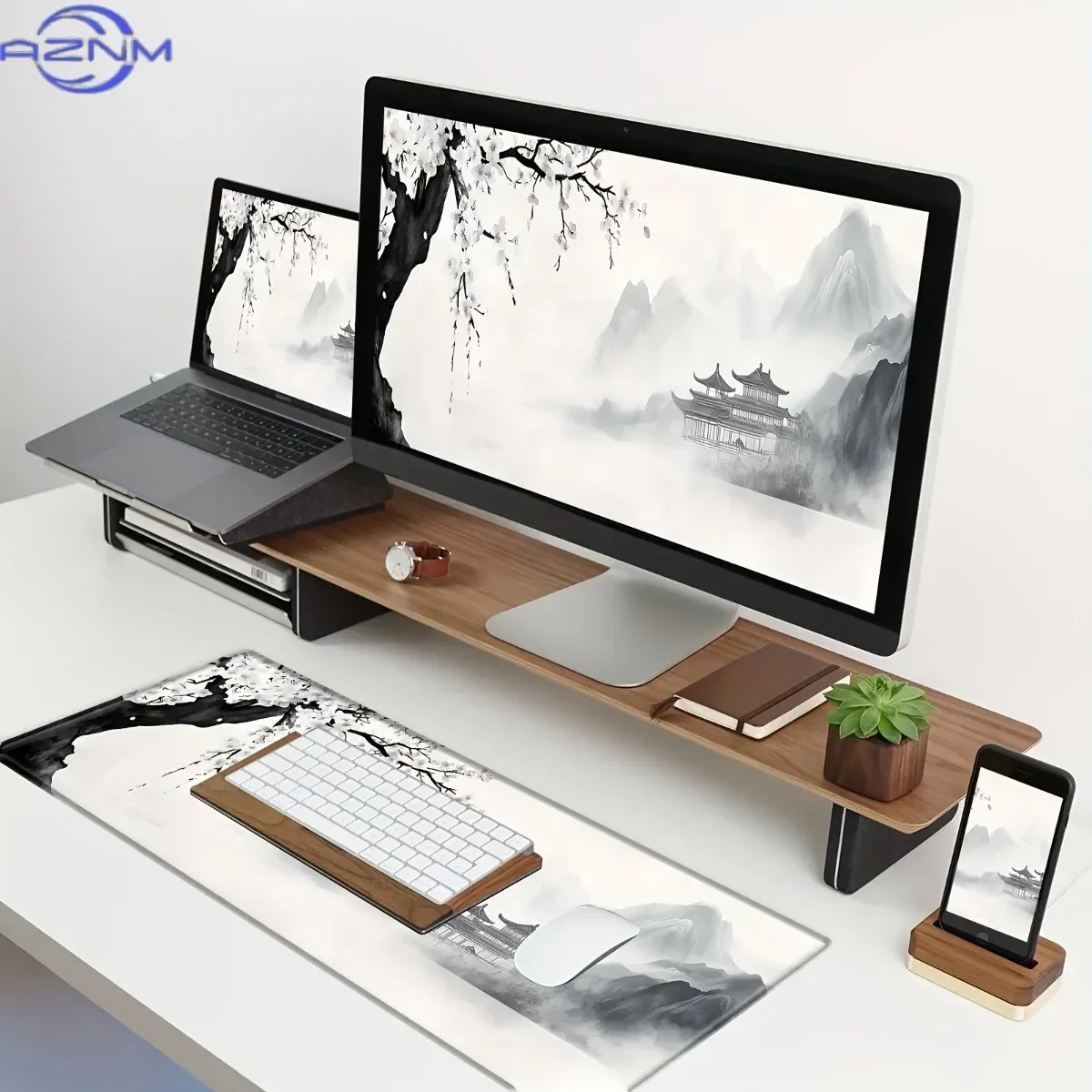 Ink Wash Cherry Blossom Rubber Desk Mat Non-Slip Mouse Pad for Work Gaming Home Computer Supplies